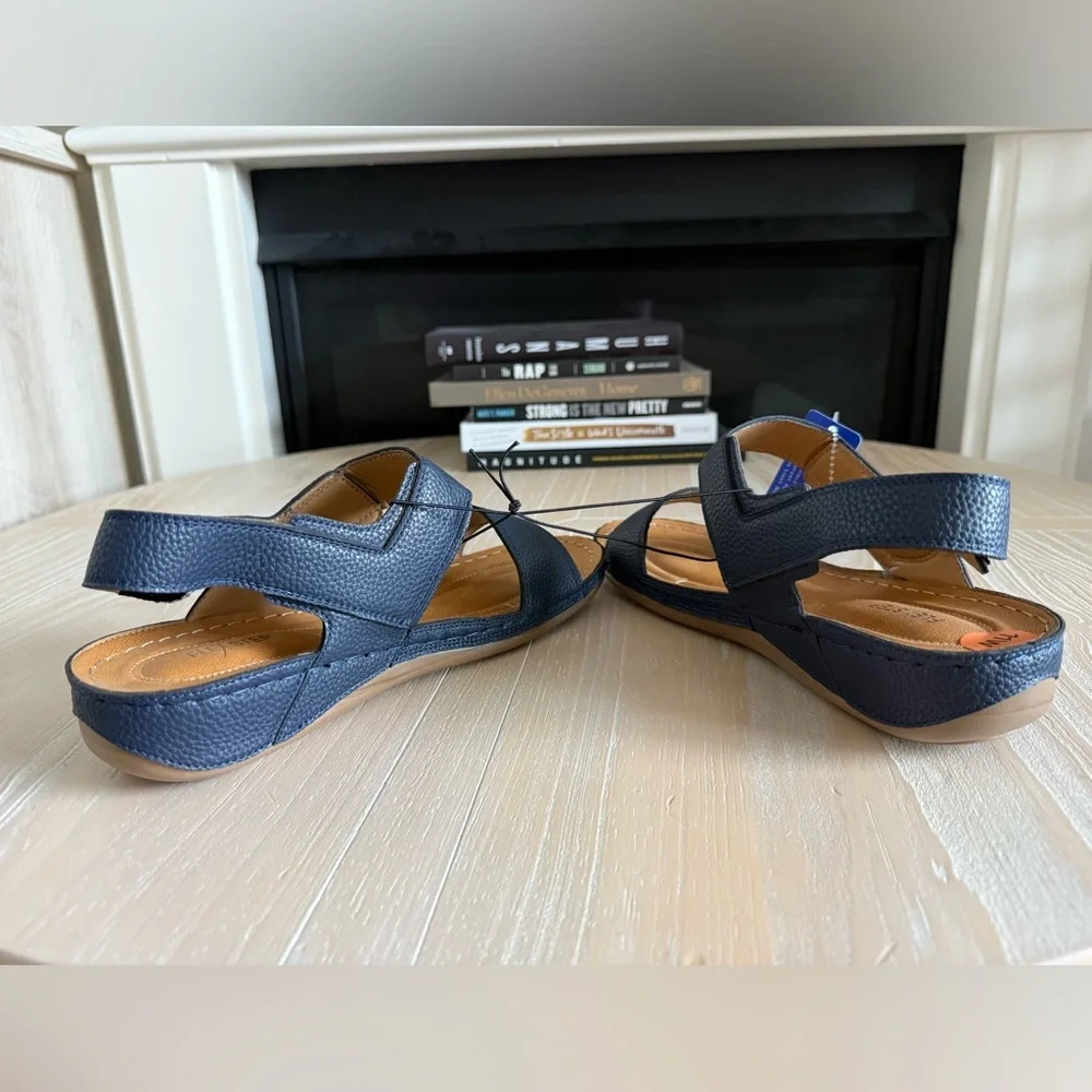 Flex Step|Navy Blue Sandals with Tan Accents,double strap faux leather•••NWT,11 - Picture 7 of 13